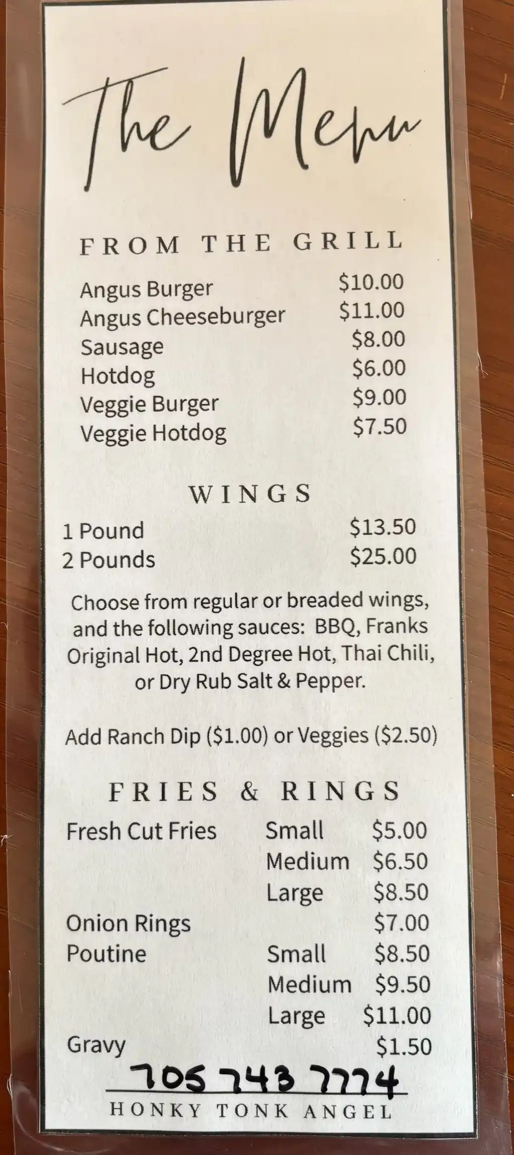 Honky Tonk Angel Restaurant Menu